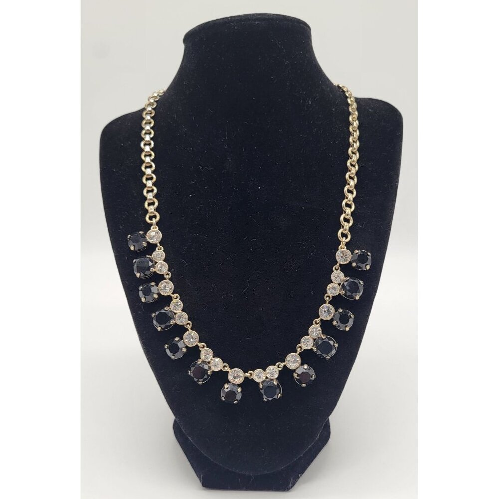 J. Crew Gold Tone Black Clear Rhinestones Statement Bib Necklace Prom Wedding